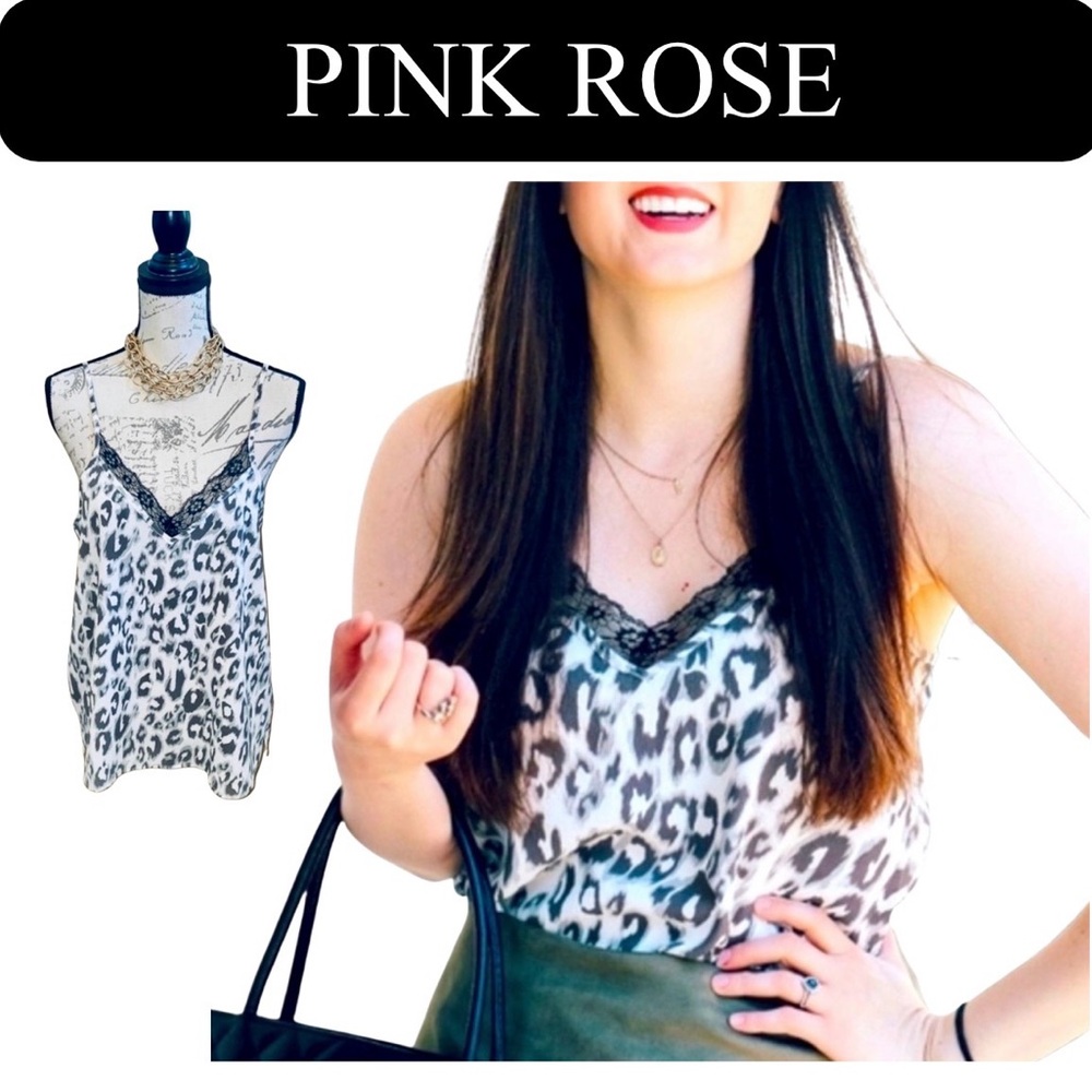 PINK ROSE Leopard and Black Lace Trim Cami Tank Top, NWOT